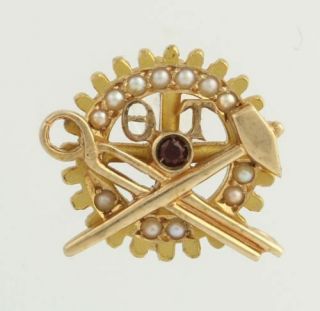 Theta Tau Fraternity Badge - 10k Yellow Gold Engineering Garnet & Seed Pearls