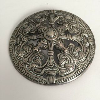 Antique Norwegian 830s Silver Dragestil Shield Shaped Brooch Auspicious Dragons
