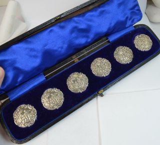 Boxed Art Nouveau Period Solid Silver Set Of Six Buttons By Levi & Salaman