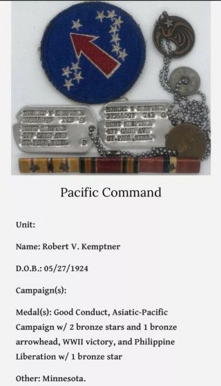 Wwii Dog Tags Group With Patches,  Ribbons And Pictures Pto Pacific