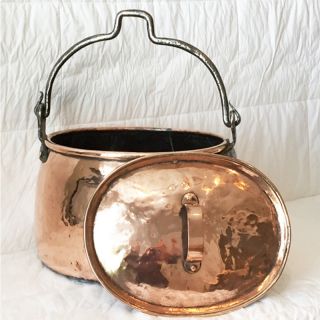 Large French Rustic Copper Cooking Pot With Lid,  Ca 1890
