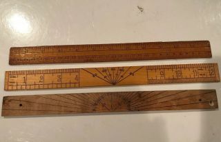 3 Old Vintage 2 Sided Wood Rulers Made In The Usa W/angle Scale Great Shape 0505