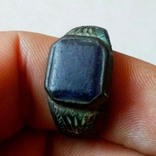 Ancient Byzantine Bronze Ring Hand Carved W/blue Stone