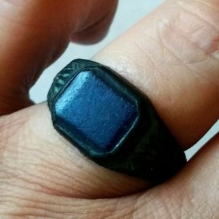 Ancient Byzantine Bronze Ring Hand Carved w/Blue Stone 2