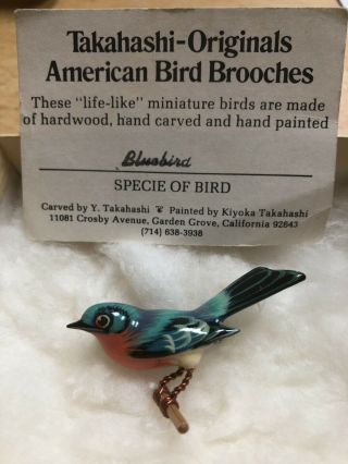 Vintage Takahashi Painted Wood Bird On Tree Branch Pin Blue Bird 1