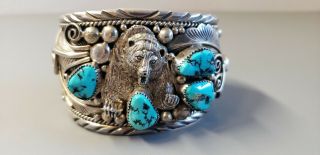 Vintage Turquoise And Sterling Silver Cuff Bracelet Signed Sterling H 5oz