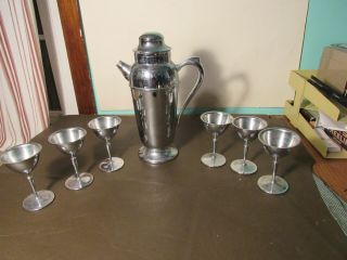 Vintage Chrome Martini Cocktail Shaker & Cups Set Art Deco Party Size