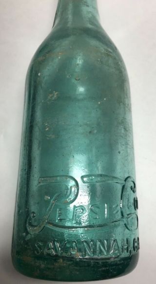 1907 Rare Pepsi Soda Bottle Raised Letters Savannah Ga Aqua Green