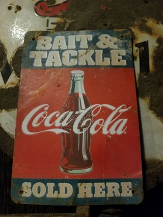 Vintage Old Coca Cola Coke Bait Tackle Metal Soda Sign Pepsi Advertising Rare