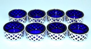 Set Of 8 Vintage Sterling Silver Salt Cellars W/ Cobalt Blue Glass Liners 716