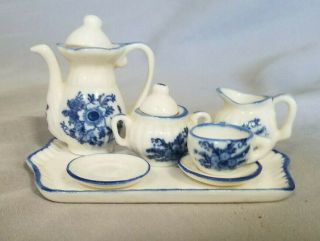 Vintage 9 Piece Miniature Tea Set In Delft Blue (circa 1950 