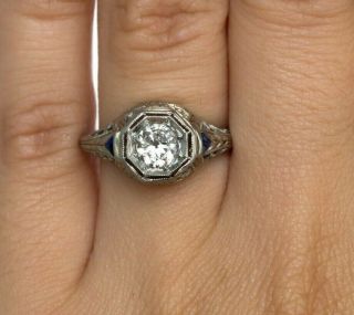 Sapphire Art Deco Vintage Engagement Ring 2 Ct Round Diamond 14k White Gold Over