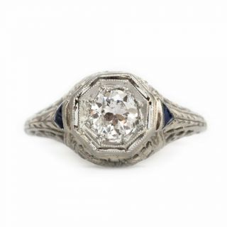 Sapphire Art Deco Vintage Engagement Ring 2 Ct Round Diamond 14K White Gold Over 2