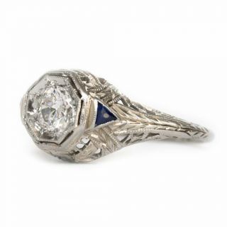 Sapphire Art Deco Vintage Engagement Ring 2 Ct Round Diamond 14K White Gold Over 3