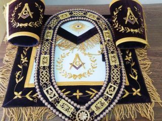 Masonic Grand Lodge Master Mason Apron Cuffs & Chain Collar Set Hand Embroidered