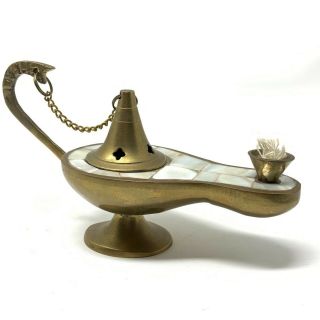 Vintage Brass Aladdin Genie Oil Lamp India Mother Of Pearl Inlay