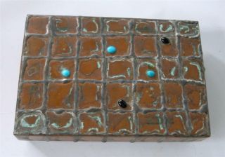 Brutalist Copper Table Box Silver Turquoise Black Onyx Signed 6 " Hand Crafted