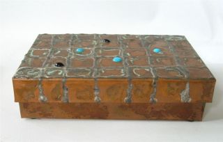 Brutalist Copper Table Box Silver Turquoise Black Onyx Signed 6 