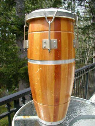 Vtg Large 30 " Wood Bongo/conga Bolt Tuned Percusion Drum C/w Leather Carry Strap