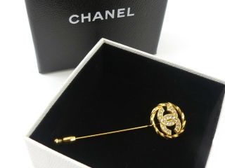 R6041 Auth Chanel Vintage Gold Plated Rhinestone Cc Logo Pin & Brooch