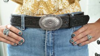 Vintage Navajo Susie James Signed Sterling Silver Concho Stamped Belt Buckle