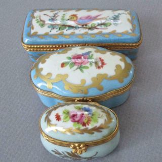 3 Vintage French Limoges Porcelain Hp Trinket Boxes Blue W Flowers Roses Bird