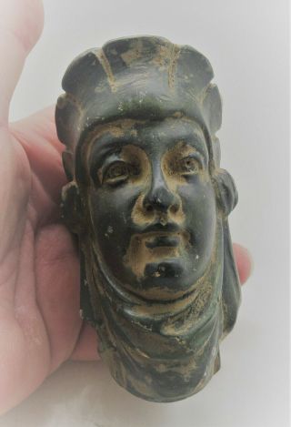 Circa 200 - 300ad Ancient Roman Bronze Statue Fragment Male Head Wearing Helmet