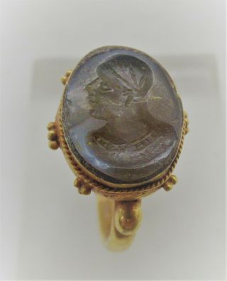 Scarce Ancient Roman High Carat Gold Ring With Carnelian Intaglio Emperor