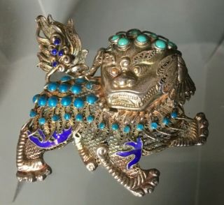 Antique Chinese Sterling Silver Filigree Enamel Turquoise Foo Dog Pin Brooch