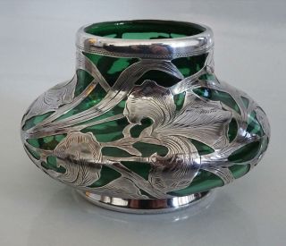 1878 - 1903 Antique Alvin Sterling Silver Overlay Art Nouveau Vase Green Glass Vtg