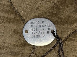 WW2 US Navy Dog Tag Set w Sterling J Hook Chain,  Harold Mendenhall USN T 1/43 3