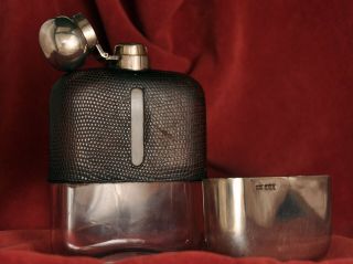 Sterling Silver Snakeskin Leather And Glass Hip Flask 1925 James Dixon Sheffield