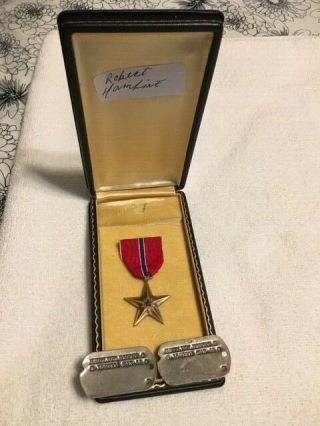 Ww2 Us Bronze Star Medal Named.  Coffin Case With Owners Named Dog Tags