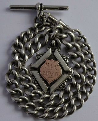 1899 Solid Silver Pocket Watch Albert Chain & Silver & Gold Motor Cycle Club Fob