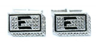 Signed Vtg Art Deco Modernist " E " Monogram Sterling Silver Marcasite Cufflinks
