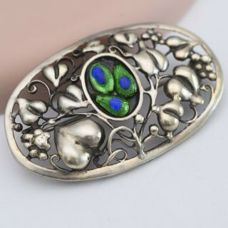 Vtg Art Nouveau Arts & Crafts Sterling Silver Peacock Enamel Heart Brooch Pin
