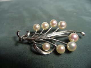 Mikimoto Vintage Sterling Silver Multi Pearl Leaf Pin