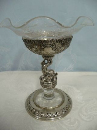 Antique German Crystal & 800 Silver Compote W/dolphin Design & Etched Crystal
