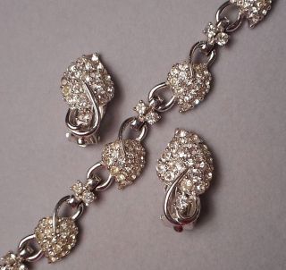 1950s Pennino Necklace & Earrings - Leafy Silver Tone Links With Rhinestone Pave