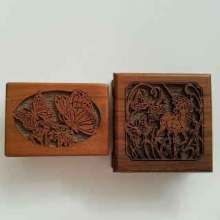 Vintage (2) Music Boxes Lasercraft & Sankyo Unicorn & Butterfly Wood Miniature