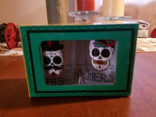 Rare Sugar Skulls Day Of The Dead Over Sized Shot Glass Glasses Set His & Hers