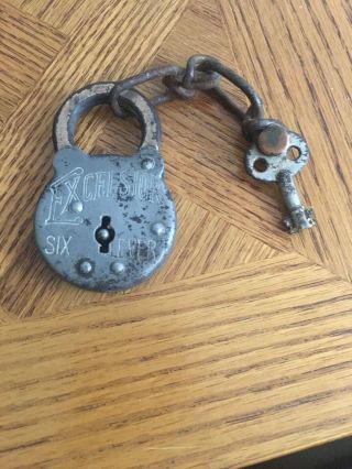 Vintage Antique Excelsior 6 Six Lever Padlock Lock With Key
