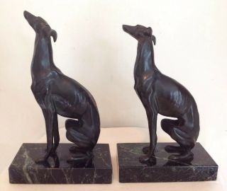 Pair Art Deco Bronze & Marble Whippets Greyhounds Dogs Bookends Sculptures 10 " T