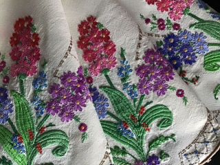 Exquisite Vintage Linen Hand Embroidered Tablecloth Hyacinths & Flora
