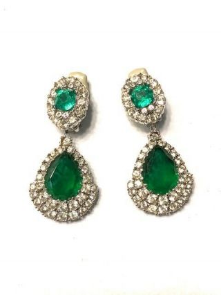 Signed Ciner Faux Emerald Rhinestone Drop Earings 2.  5 Inches Long Clip On