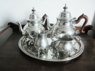 Fine Old Kirk/steiff 5 Pc.  Williamsburg Pewter Coffee And Tea Set With Tray