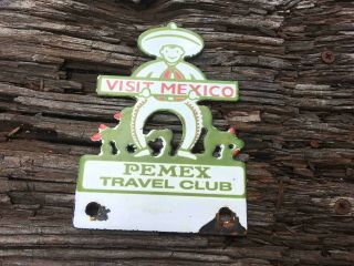 Vintage Pemex Travel Club Mexico Gasoline Porcelain License Plate Topper