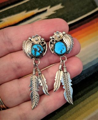 Vtg.  Native American Sterling Squash Blossom Turquoise Post Earrings Signed Era