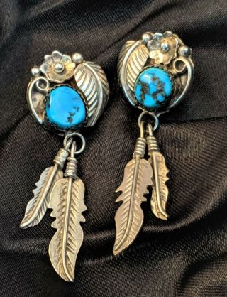 Vtg.  Native American Sterling Squash Blossom Turquoise Post Earrings Signed ERA 2