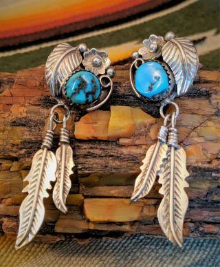 Vtg.  Native American Sterling Squash Blossom Turquoise Post Earrings Signed ERA 3